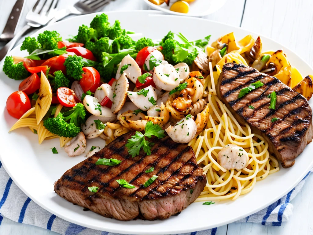 Beef steak, grilled chicken and seafood pasta on individual white plates.