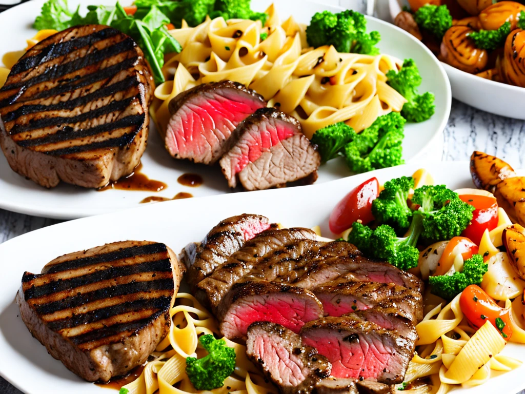 Beef steak, grilled chicken and seafood pasta on individual white plates.