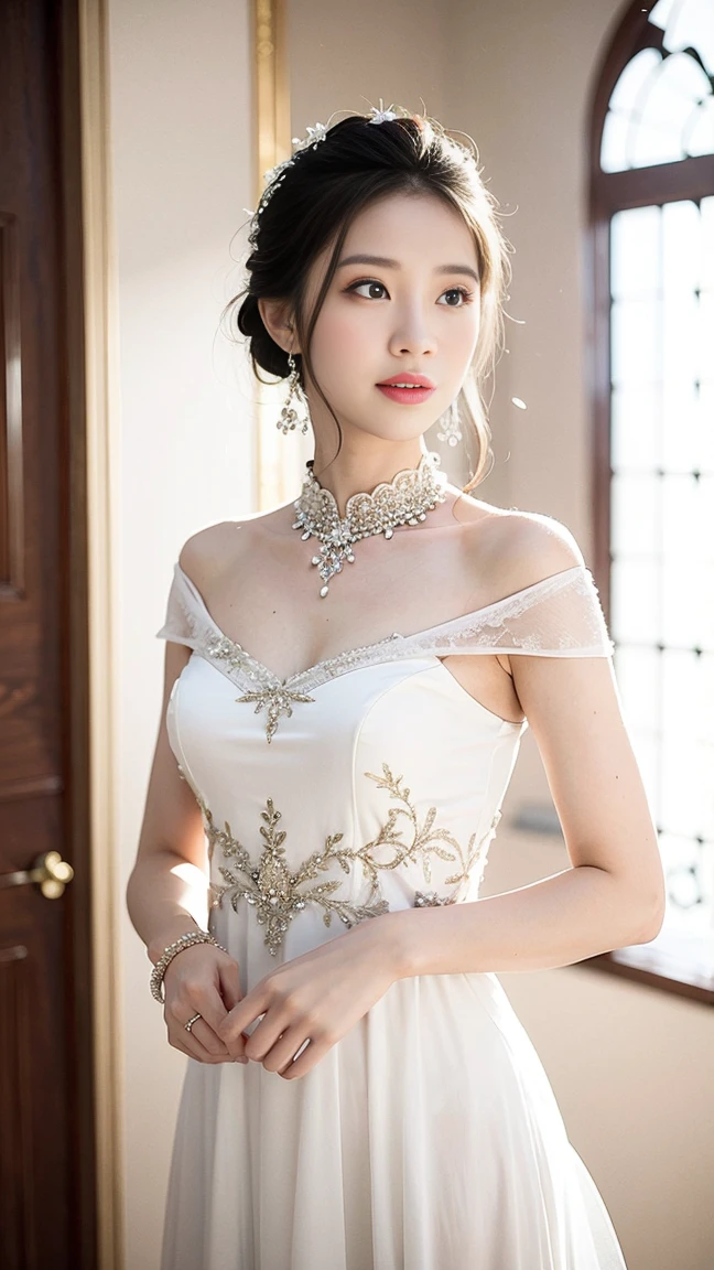 Best quality, masterpiece, high resolution, photo, 1 slim girl in plain porcelain skirt, fair skin, temperamental, bright, full body photo, standing under an ancient palace, hair accessories, necklace, jewelry, beautiful face, Tyndall effect, realistic, SLR, soft light, real person, photography, head down and smile, full of mystery, natural daylight, warm and natural colors, real and natural photographic effects.