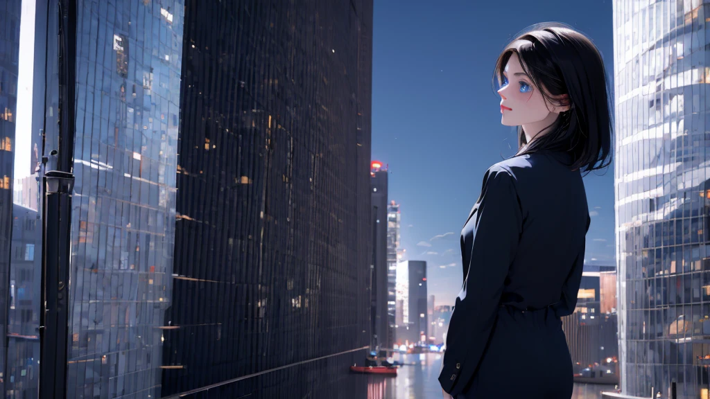 1 girl, medium light black hair, light blue eyes, wearing black suit, night city, 18+ , high res, ultrasharp, 8K, masterpiece, looking from behind