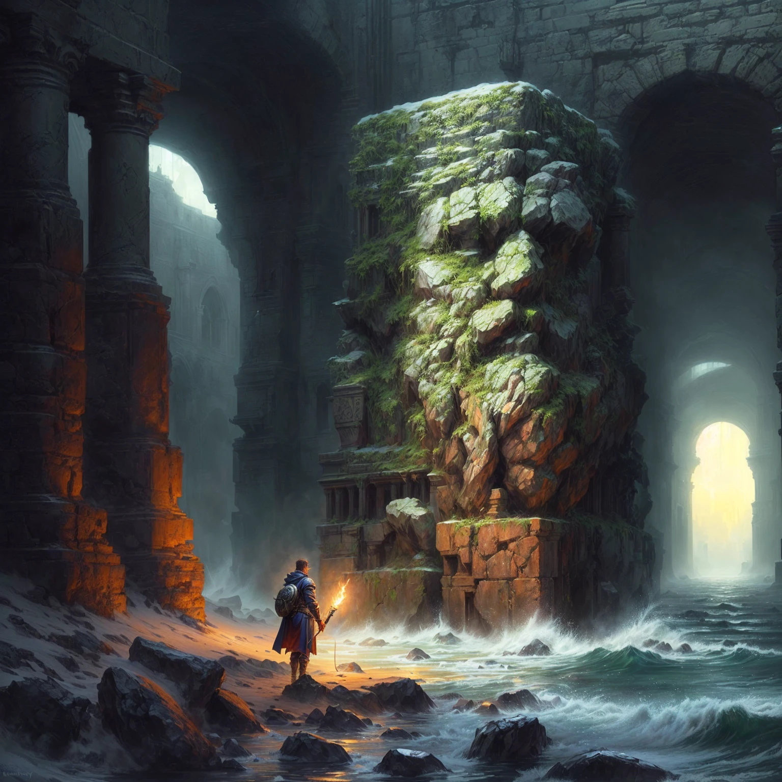 ((masterwork, high quality)), painting of an adventurer with a torch in front of an old stone sculpture, Andreas Rocha und John Howe, symmetrische epische Fantasy-Kunst, von Andreas Rocha, Andreas Rocha Stil, James Gurney und Andreas Rocha, michael whelan kunst, Michael Whelan und Gustave fertig, Peter Gric und Dan Mumford, realistische Fantasy-Malerei, von Alexander Kucharsky