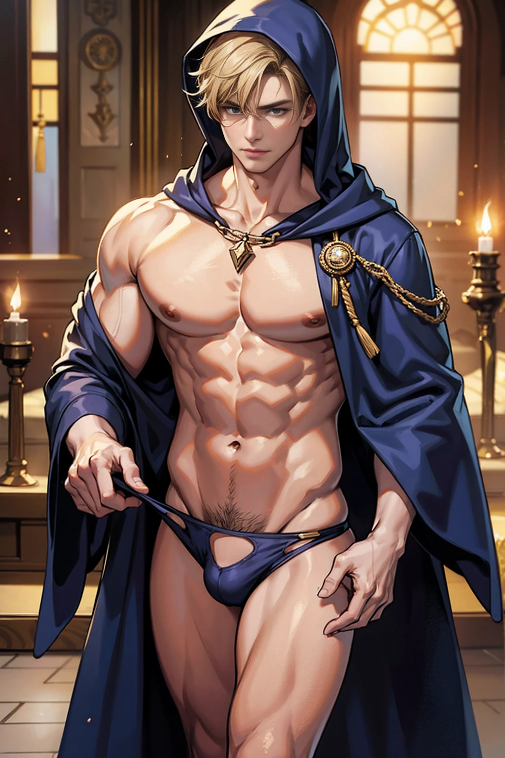 realistic, masterpiece, intricate details, detailed background, depth of field, muscular, Photo of a handsome Korean magician, american man, 25 years old, Linen Gold hair color and short hair), voluptuous crotch, Mercury planet spell, sorcerer, wearing a long hooded cloak, sexy muscular, wearing a thong, pectoral focus, earthmaniac, white skin, pale