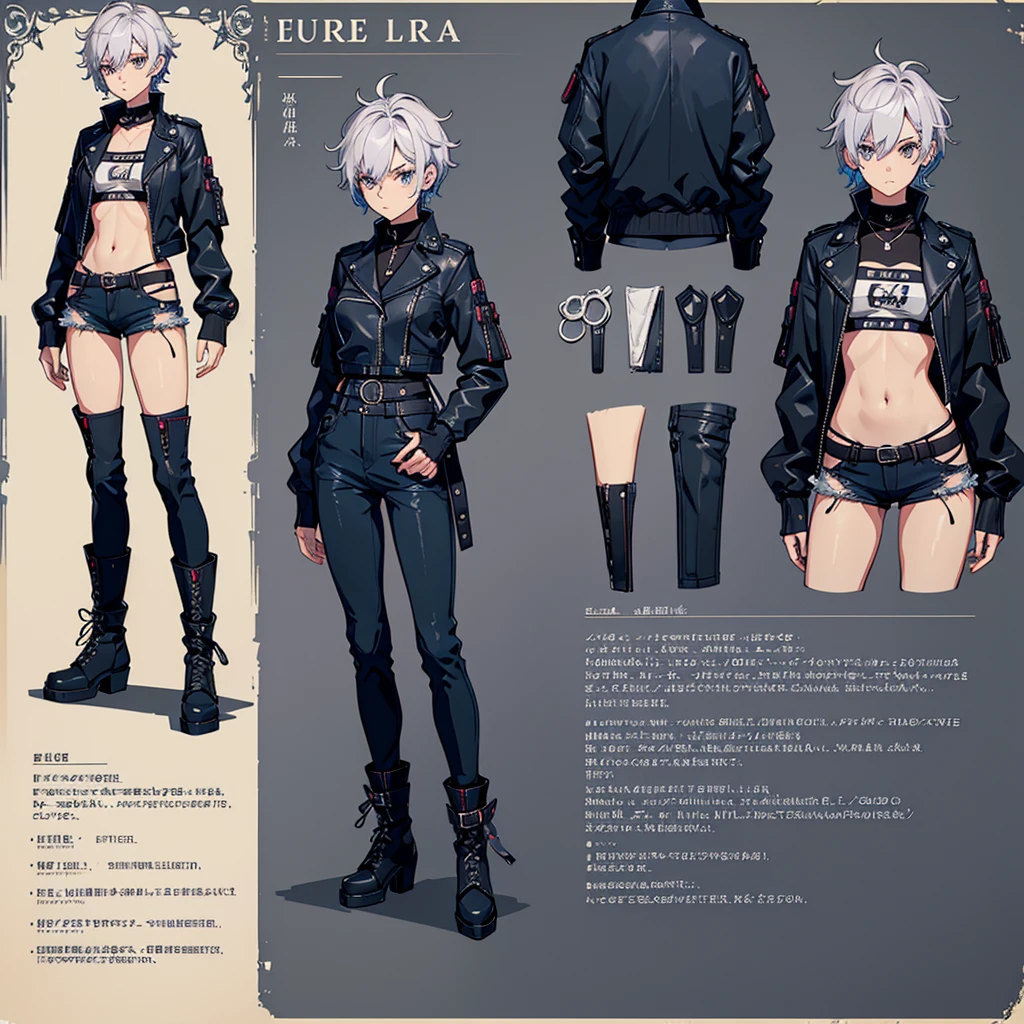 create a character sheet for Eulália Draha, a piscopath with a half-punk, half-cute style, , fair skin, short platinum hair and lilac highlights, blue and gray eyes, short-sleeved shirt with the belly showing dark wine, black jacket black leather jacket, teddy bear hair clip, dark denim shorts with a torn teddy bear hanging on the side of the shorts and medium-high boots, (with emphasis on the teddy bear hanging on the shorts' belt)(anime style)(varied positions)(several positions) (full body)(open arms)(body and face side ways)(body and face from the front)(from the head to the boots)character sheet(full body)body and sideways(body and sideways)caracter sheet(full body)(character sheet)(varied positions)(character sheet)varied positions)(character sheet)(full body)character sheet(character sheet) (varied positions)character sheet(varied positions)full body(full body)(body and face sideways)(sideways full body)character sheet(character sheet)(sideways)sideways(character sheet)character sheet