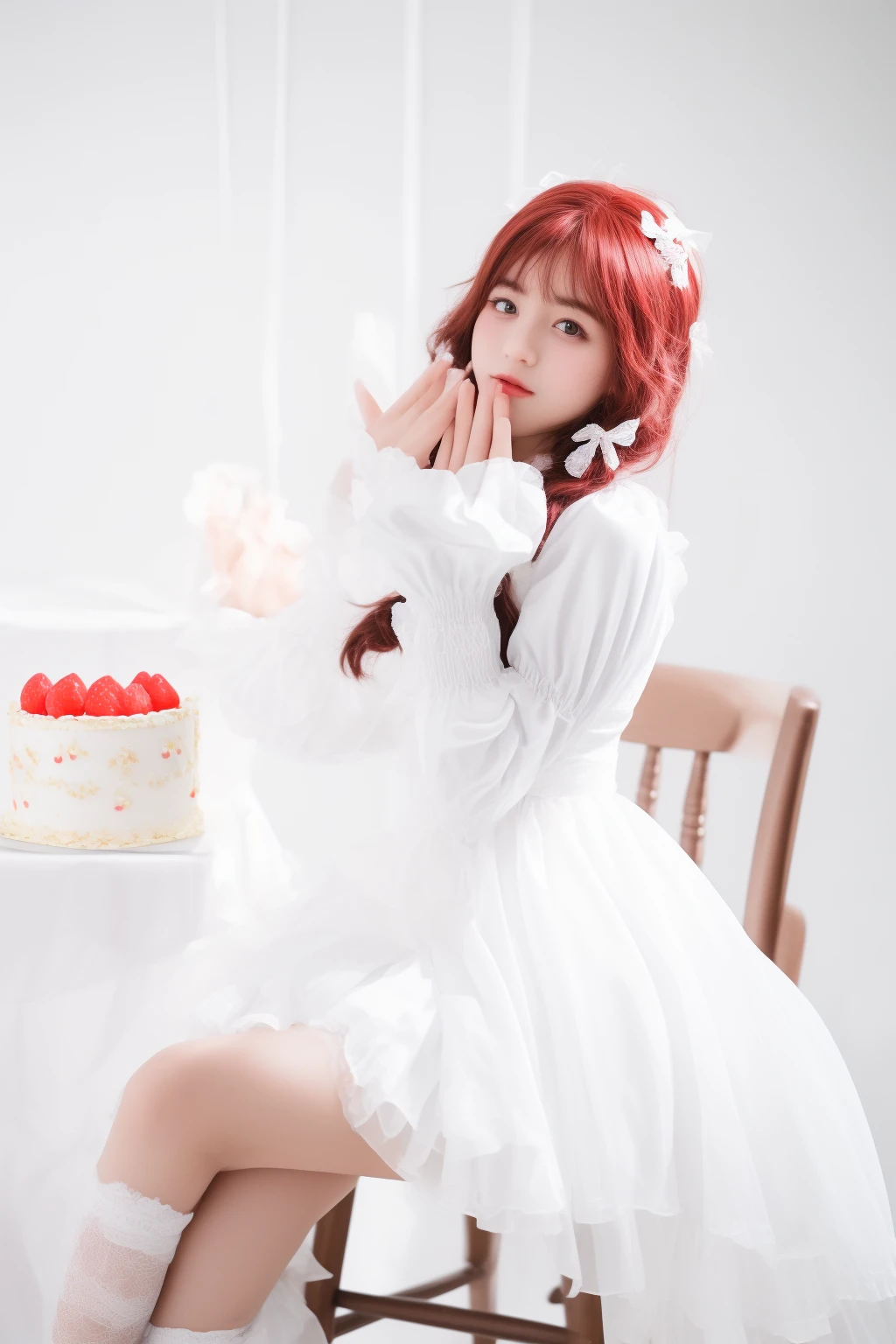 there is a woman sitting on a chair with a cake in front of her, portrait of magical ta girl, twintails white_gloves, lolidress, fairycore, in white room, lolita s, white background : 3, eating cakes, white sleeves, lolita fashiulzzang, cosplay of a catboy! maid! dress, ddlc