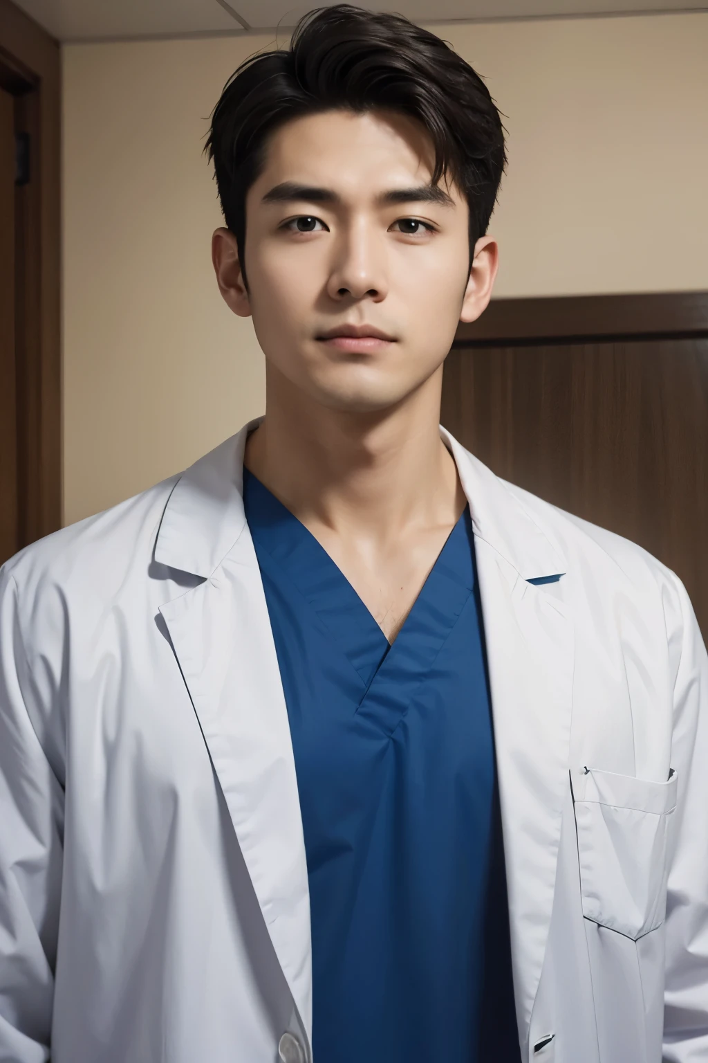 Handsome doctor in scrubs, Upper Body, No beard, Japanese