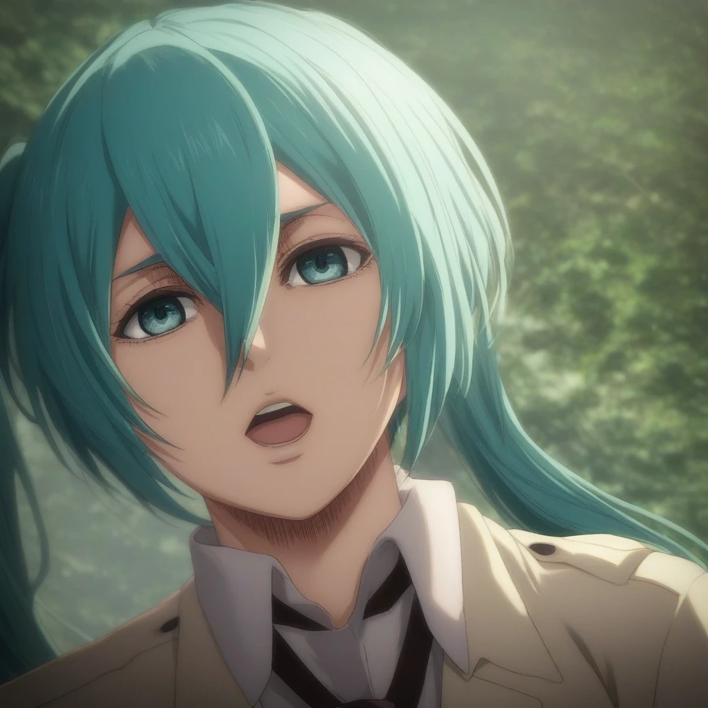 score_9, score_8_up, score_7_up, source_anime, rating_safe, intricate details, (photorealistic:0.6), looking at viewer, depth of field, 1girl, hatsune miku, aqua eyes, aqua hair, twintails, hair between eyes, long hair, solo, wide angle, wide shot, cowboy shot, hill, greenery, midnight, arm support, open mouth, shingeki_no_kyojin_s4_style, 