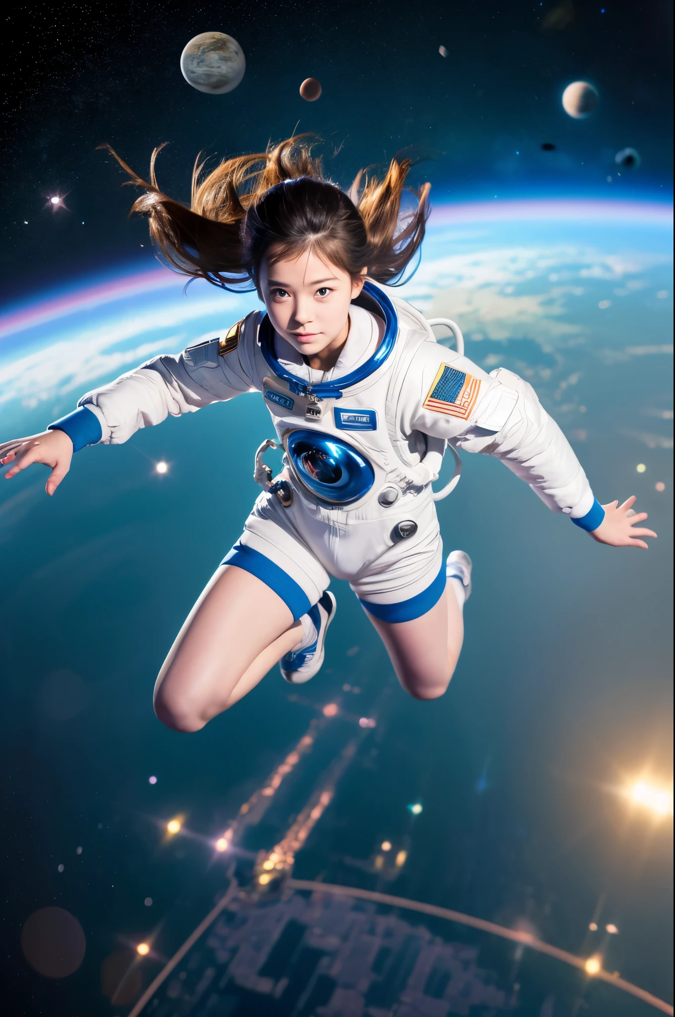 High resolution, Super detailed, One girl, Wearing a space suit, View from above, Space, floating, satellite, Running pose, Looking at the audience, Sparkling, Space Background, Meat leg, White Stockings, Full Body Shot, (masterpiece:1.4), 8k
