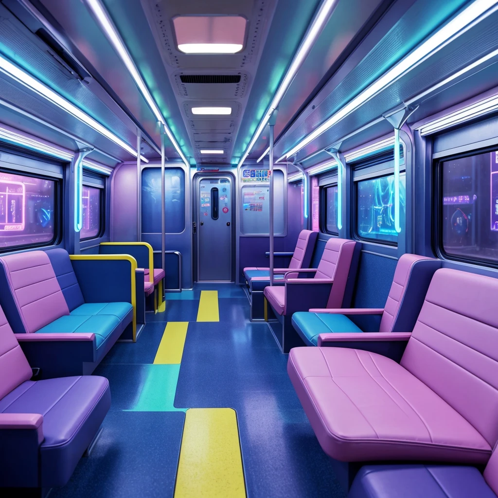 generate a consistent image of a pastel colored inside of a metro bus interior with empty seats, camera view at the rear interior of the bus, background art, highly detailed interior, very detailed backgrounds, detailed backgrounds, inside the train, scenery art detailed, anime art vehicle concept art, high tech space ship interior, inside an underwater train, detailed and complex environment, detailed sci - fi backgrounds, detailed spaceship interior, space station vore station, anime scenery concept art. neon pastel colored led lights, realistic environment, hyperrealism, HD resolution, Hyper detailed quality