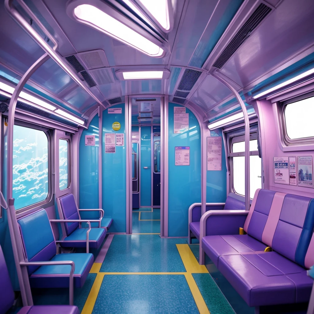 generate a consistent image of a pastel colored inside of a metro bus interior with empty seats, camera view at the rear interior of the bus, background art, highly detailed interior, very detailed backgrounds, detailed backgrounds, inside the train, scenery art detailed, anime art vehicle concept art, high tech space ship interior, inside an underwater train, detailed and complex environment, detailed sci - fi backgrounds, detailed spaceship interior, space station vore station, anime scenery concept art. neon pastel colored led lights, realistic environment, hyperrealism, HD resolution, Hyper detailed quality