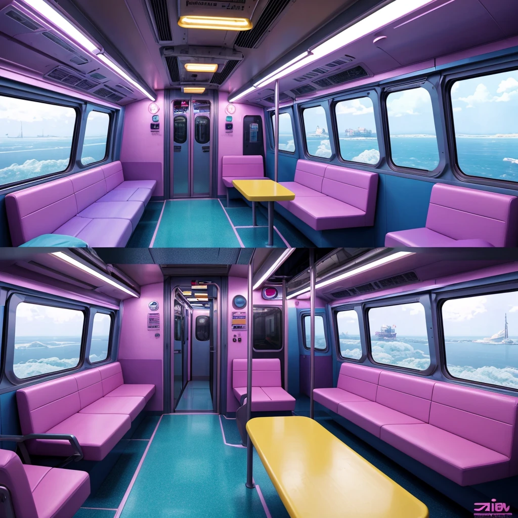 generate a consistent image of a pastel colored inside of a metro bus interior with empty seats, camera view at the rear interior of the bus, background art, highly detailed interior, very detailed backgrounds, detailed backgrounds, inside the train, scenery art detailed, anime art vehicle concept art, high tech space ship interior, inside an underwater train, detailed and complex environment, detailed sci - fi backgrounds, detailed spaceship interior, space station vore station, anime scenery concept art. neon pastel colored led lights, realistic environment, hyperrealism, HD resolution, Hyper detailed quality