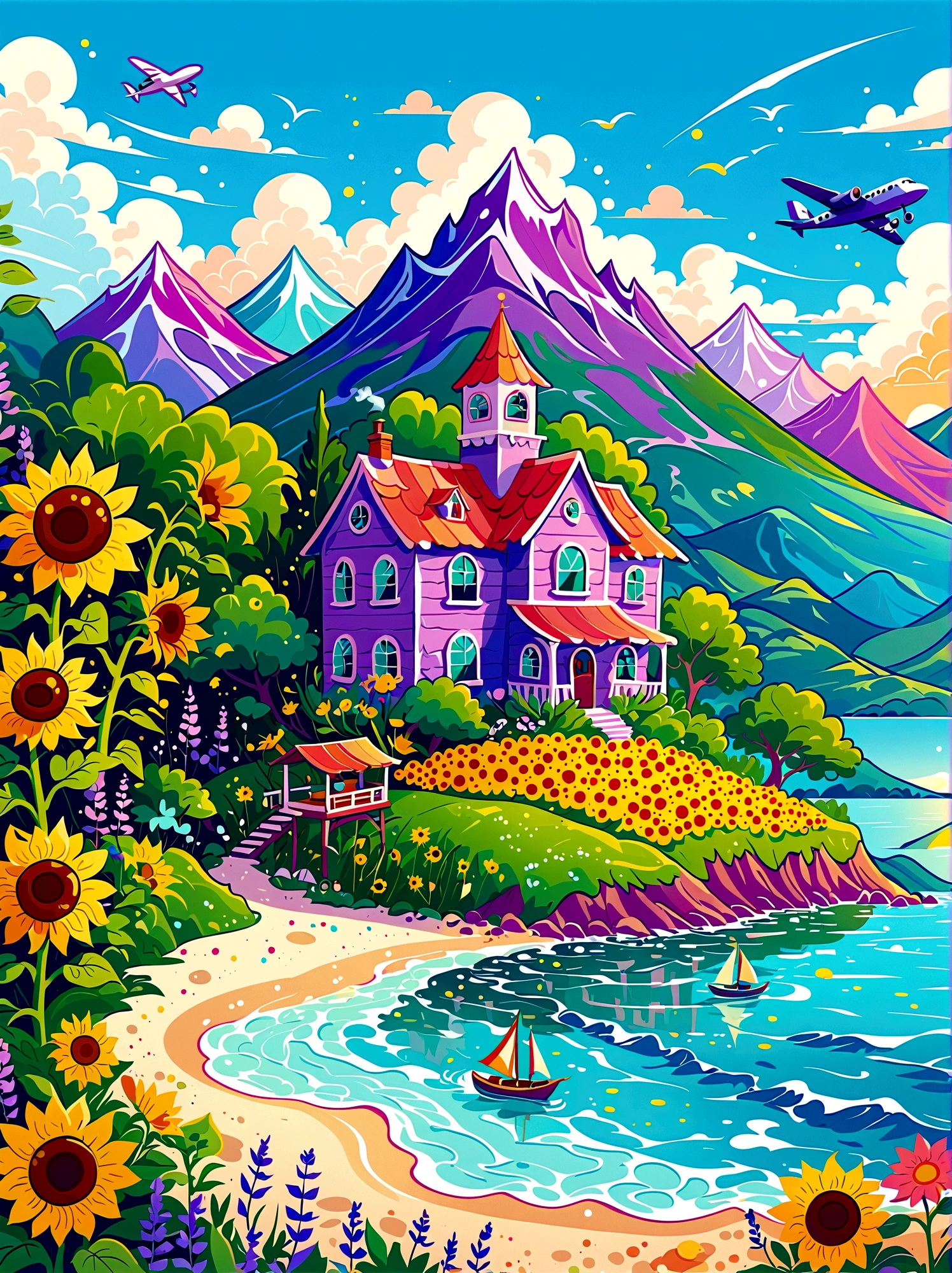 1pzsj1, (flat, user interface vector style), (world in a bottle), heavenly colors, colorful fantasy candy house, fairy tale world, spring, seaside, rios, tree house, sunflower field, lavender, mountains, peaks, big trees, (simple illustration), (smooth line art: 1.2), (minimalism), white background, (graphic design aesthetics), (flat illustration), (Plane illustration)