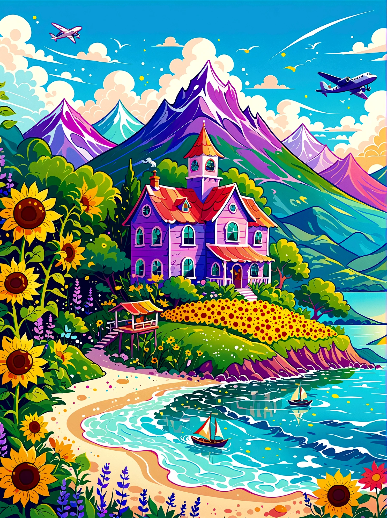 1pzsj1, (flat, user interface vector style), (world in a bottle), heavenly colors, colorful fantasy candy house, fairy tale world, spring, seaside, rios, tree house, sunflower field, lavender, mountains, peaks, big trees, (simple illustration), (smooth line art: 1.2), (minimalism), white background, (graphic design aesthetics), (flat illustration), (Plane illustration)