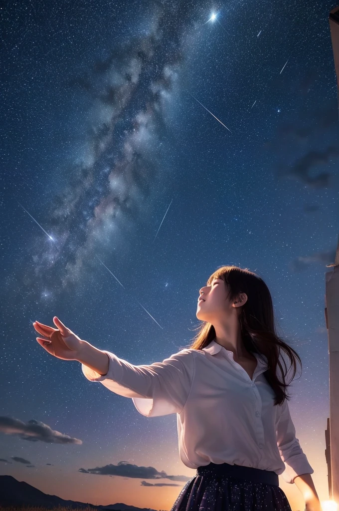 A starry sky,Meteors,8k,Beautiful night sky,Girl looking up at the sky、Super sexy and super cute Japan girl、(((A girl reaching out towards the night sky to grab the moon)))