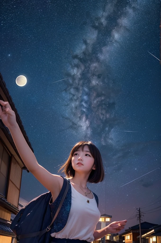 A starry sky,Meteors,8k,Beautiful night sky,Girl looking up at the sky、Super sexy and super cute Japan girl、(((A girl reaching out towards the night sky to grab the moon)))