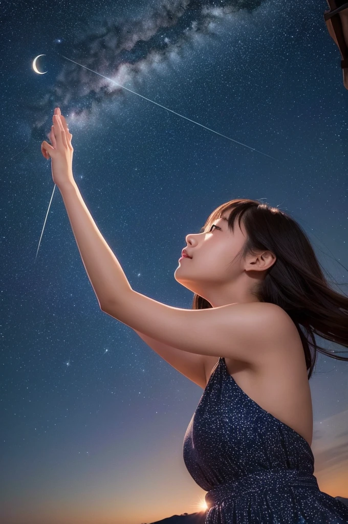 A starry sky,Meteors,8k,Beautiful night sky,Girl looking up at the sky、Super sexy and super cute Japan girl、(((A girl reaching out towards the night sky to grab the moon)))