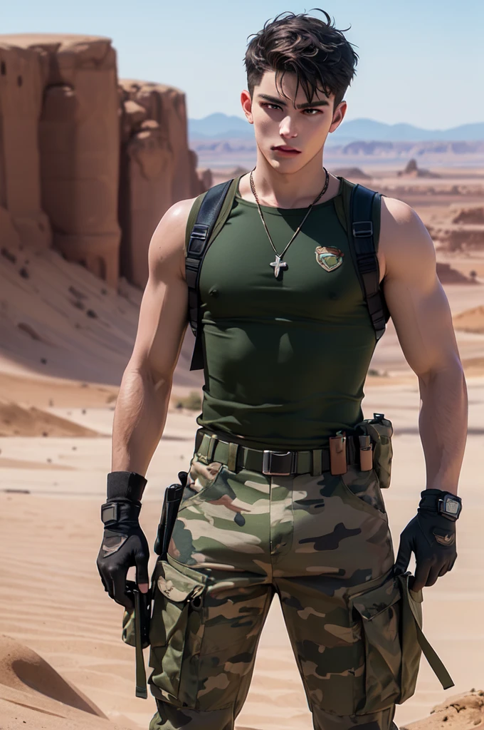 ((masterpiece)), ((best quality:1.2)), High Resolution, 8k, (ultra_realistic:1.3), (photorealistic:1.4), sharp focus, yaoi, 1boy, (perfect face), Indonesian soldier, caucasian, white man, handsome sexysoldier, camouflage pants, tank top, dog tags, gloves, boots, ammunition belt, desert environment