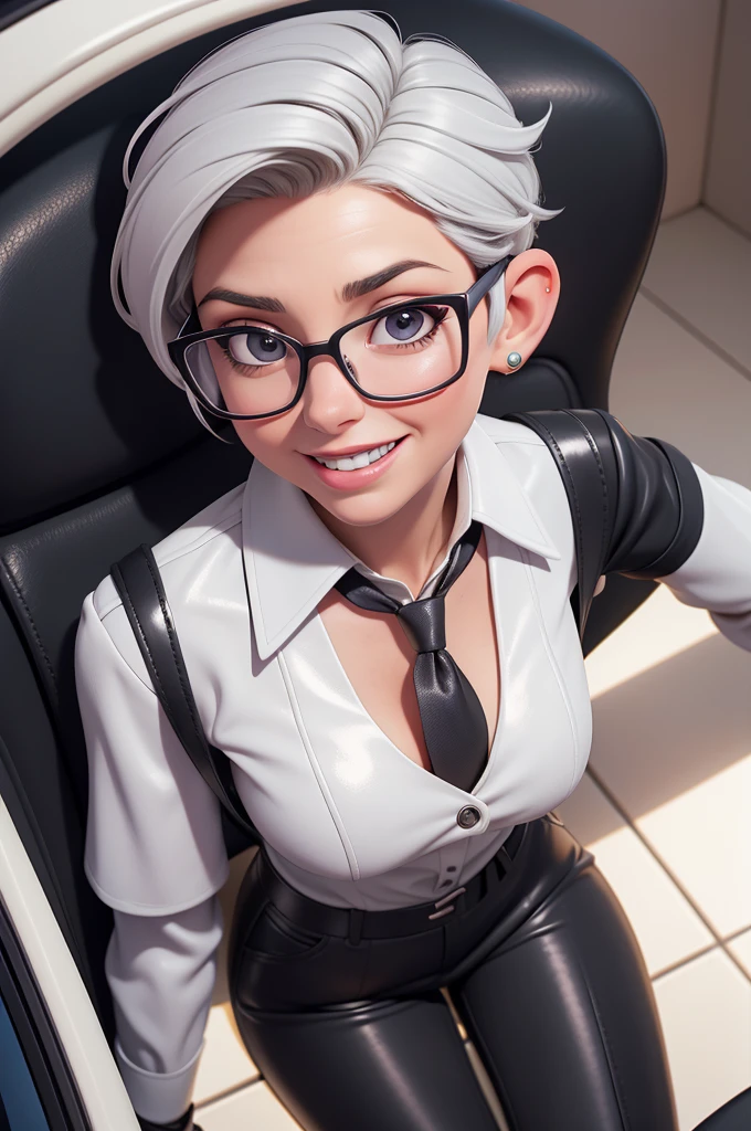 obra prima, melhor qualidade, (lauren boebert 70yo) big side smile, open mouth, licking lips, short grey pixie hair, black plastic glasses, pilot outfit, business blouse, necktie, (shiny pearl white leather,) studs zippers, shiny leather gloves, body is skinny, laying back in car seat, arched back, arm between legs, overhead camera view, looking down at me, shallow depth of field, highres, HD, 8k, anatomically correct