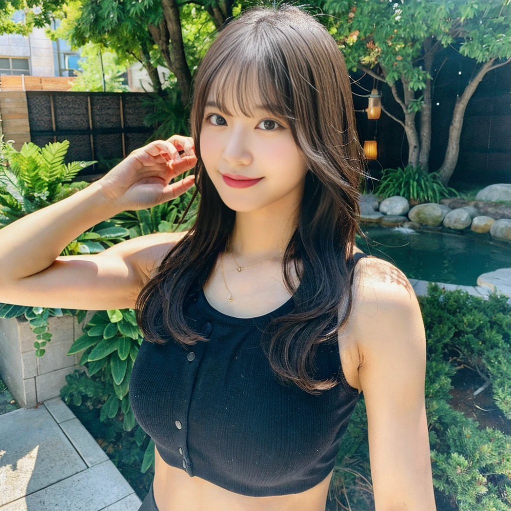((best quality, 32k, masterpiece: 1.3)), 1 Girl,Beautiful Women in Perfect Shape: 1.4, Pretty face, (Abdominal muscles, Well-developed hand muscles: 1.2), Black hair, Yoga vest, Yoga pants, Large Breasts, No cleavage,Wet body, Sweating, On a yoga mat, Smiley Face, garden, Highly detailed face and skin texture, delicate eyes, Double eyelids