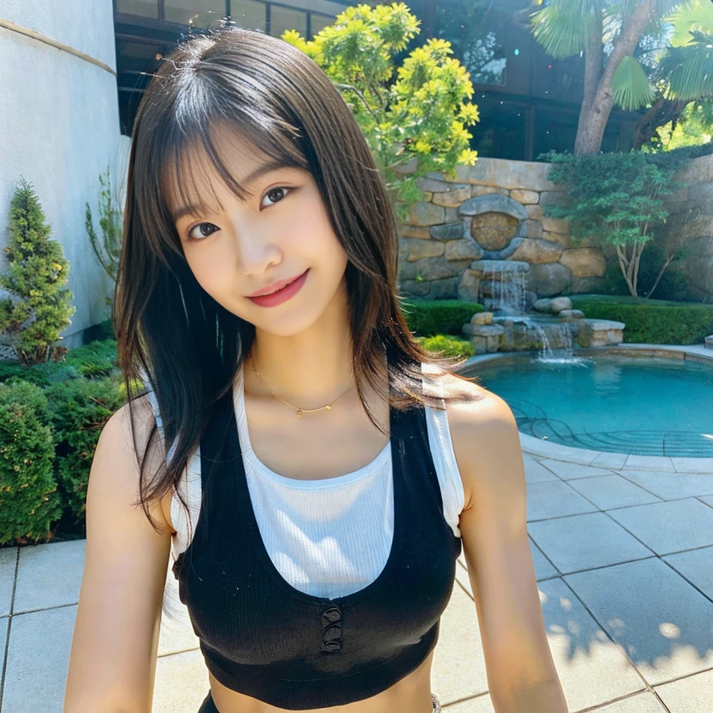 ((best quality, 32k, masterpiece: 1.3)), 1 Girl,Beautiful Women in Perfect Shape: 1.4, Pretty face, (Abdominal muscles, Well-developed hand muscles: 1.2), Black hair, Yoga vest, Yoga pants, Large Breasts, No cleavage,Wet body, Sweating, On a yoga mat, Smiley Face, garden, Highly detailed face and skin texture, delicate eyes, Double eyelids