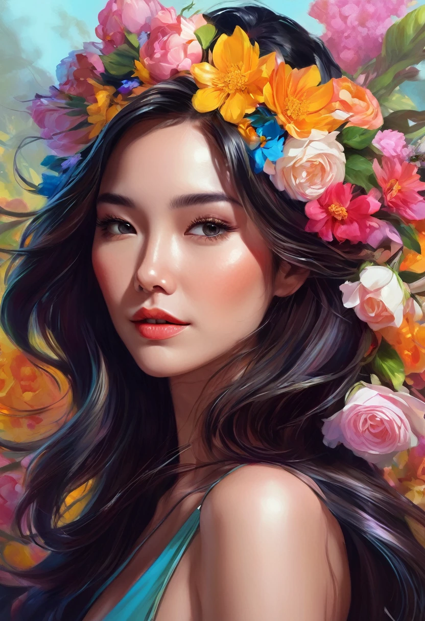 a painting of a woman with flowers in her hair, by Yang J, trending on cg society, digital art, young woman with long dark hair, 8 k hd detailed oil painting, style of artgerm, beautiful painting of a tall, vivid colors