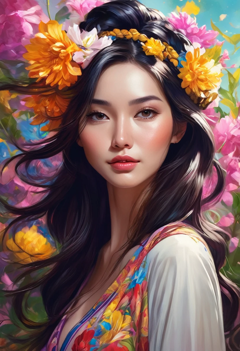 a painting of a woman with flowers in her hair, by Yang J, trending on cg society, digital art, young woman with long dark hair, 8 k hd detailed oil painting, style of artgerm, beautiful painting of a tall, vivid colors