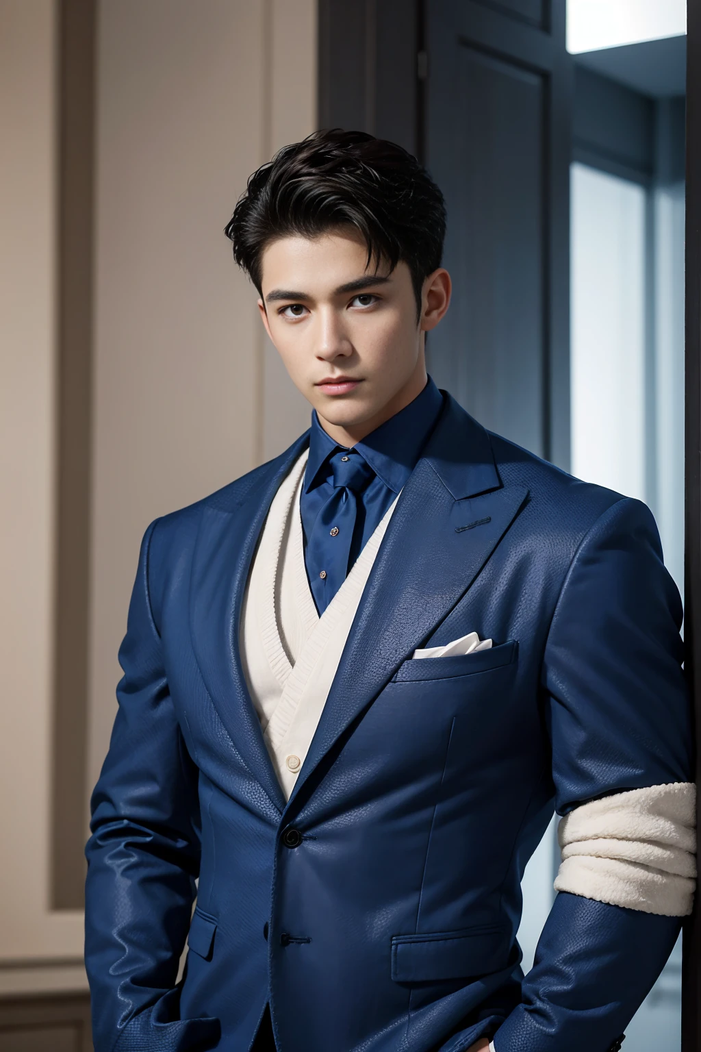 ((masterpiece)),((best quality)),8K,High Detail,Very detailed, Very manly,2 men, like,fashion pose, Real skin texture, Light,
Royal blue style couple