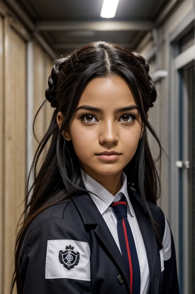 Personaje Boku no hero academia, Mujer hermosa, cabello negro ondulado rastas blancas, Ojos rasgados, ojos cafes, expresion molesta, Uniforme saco gris y corbata, caminando, pasillo de la escuela de fondo, mirando a la camara de abajo, angle against dive, perfil.