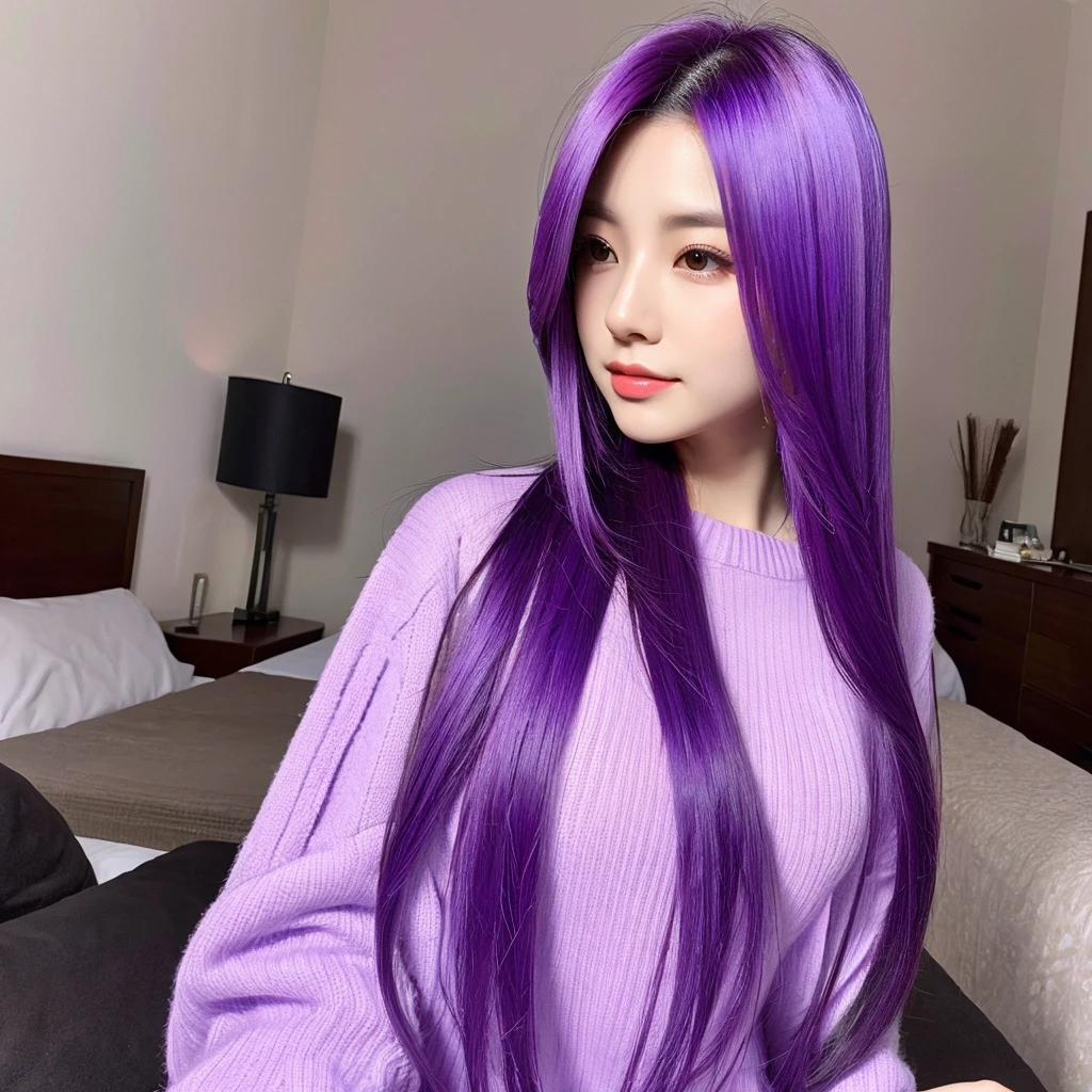 1woman hair purple, mid 20 years old, body, in the room,vibrant colors, ultra high realistic, ultra high quality