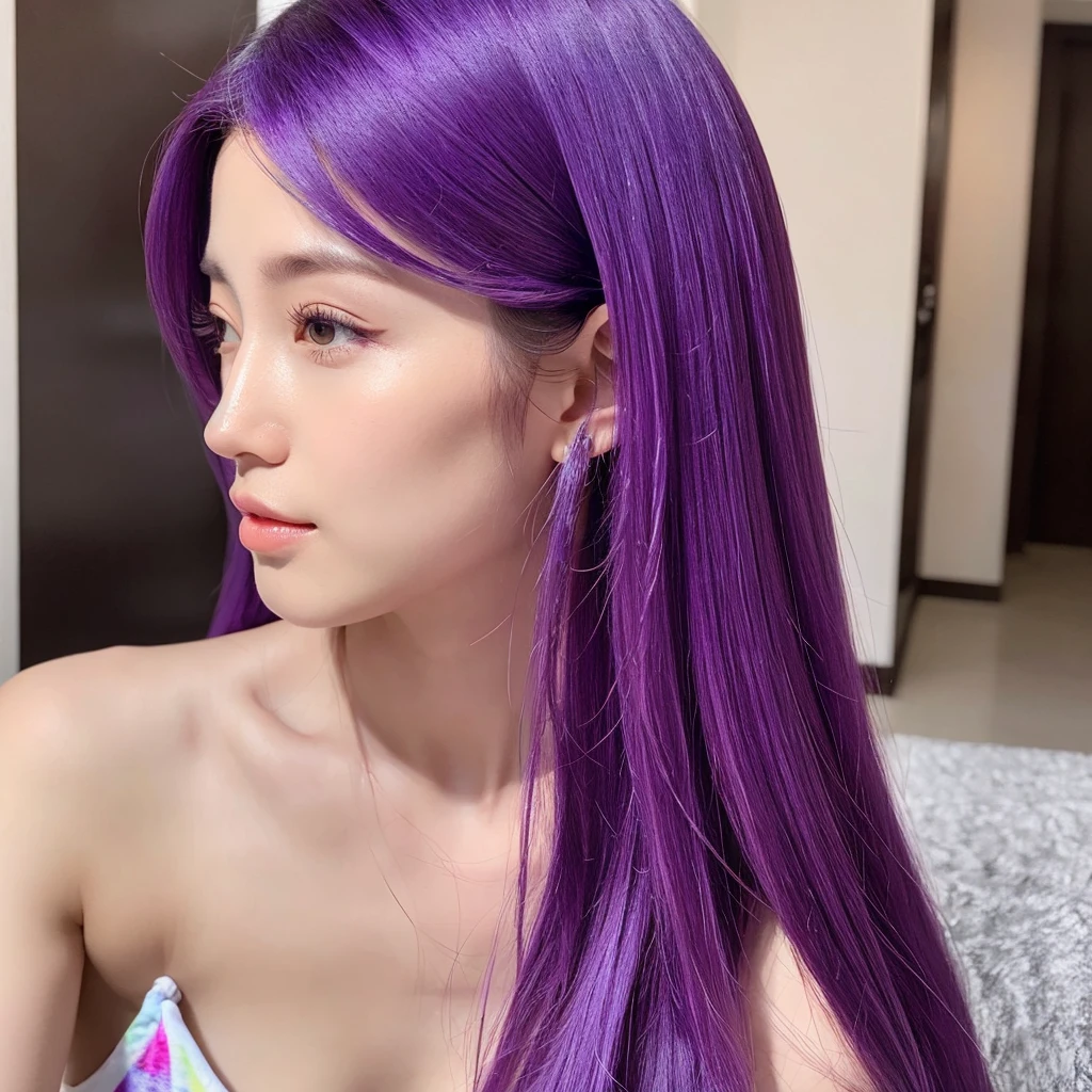 1woman hair purple, mid 20 years old, body, in the room,vibrant colors, ultra high realistic, ultra high quality