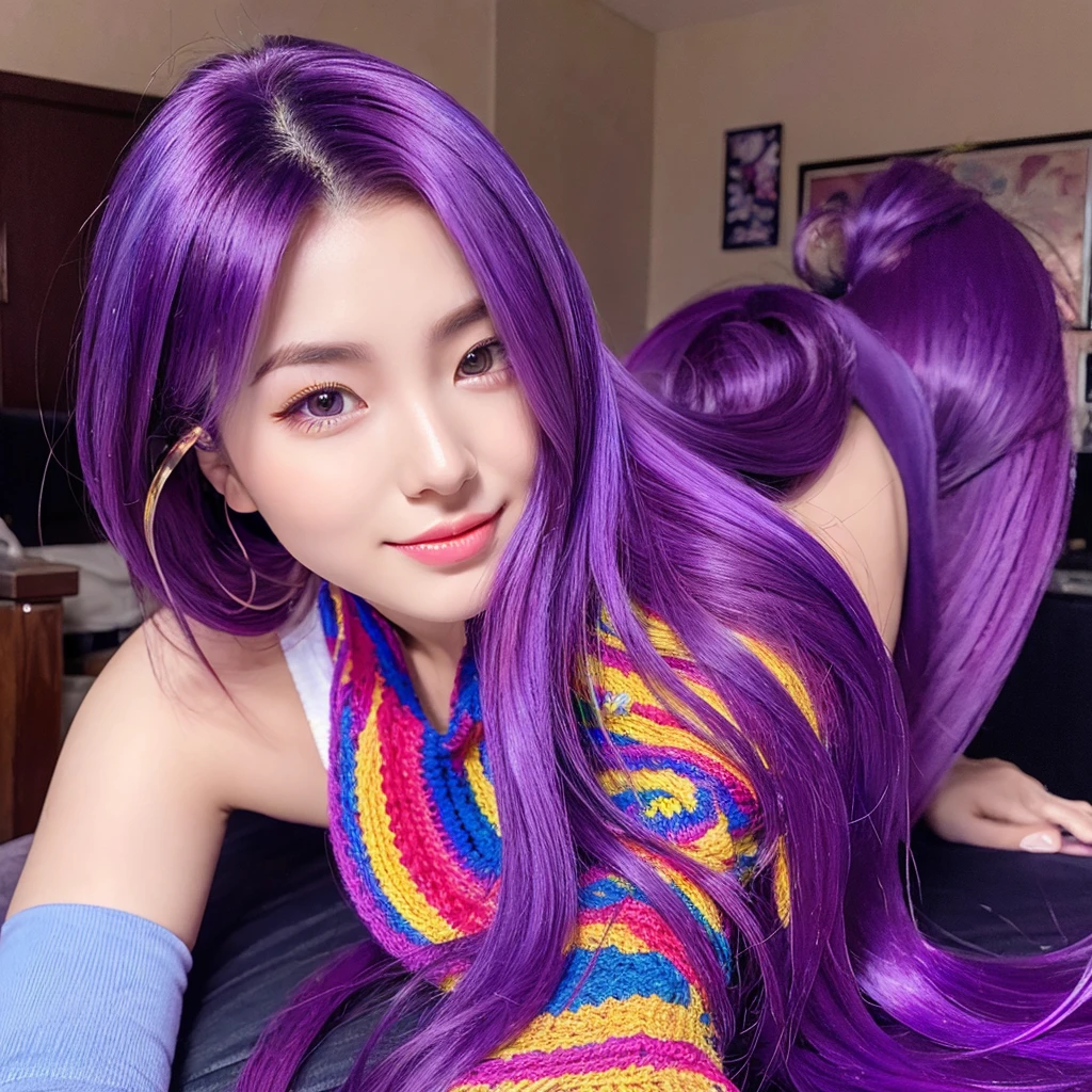 1woman hair purple, mid 20 years old, body, in the room,vibrant colors, ultra high realistic, ultra high quality