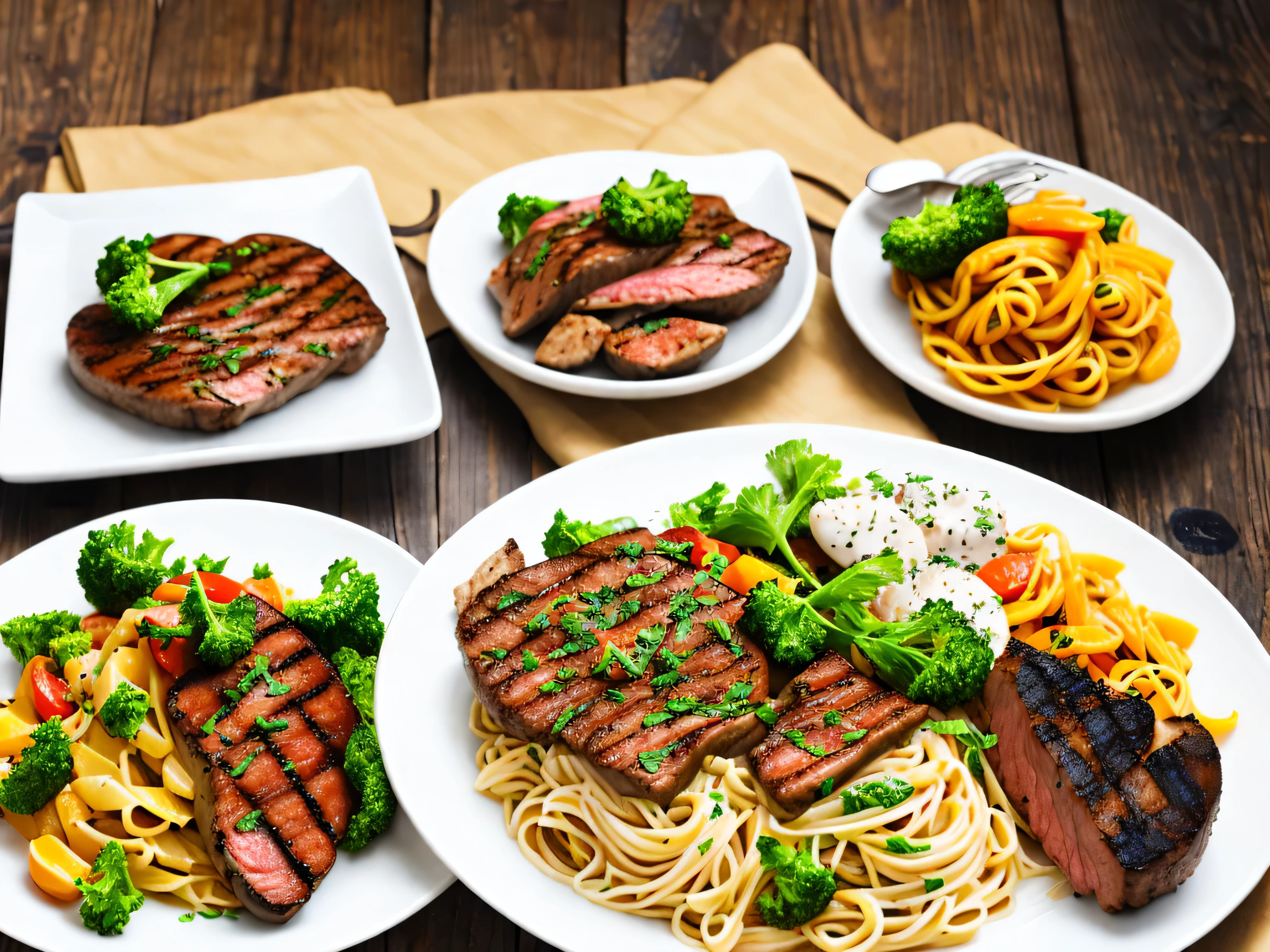 Beef steak, grilled chicken and seafood pasta on individual white plates.