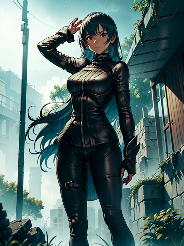 (Masterpiece, Best Picture, High Resolution), In the dim, ancient ruins where I sought shelter from the rain, I unexpectedly encounter a female thief. She stands there, eyes wide open as if she has seen the impossible, her expression a mix of shock and disbelief. Despite her surprise, her hand instinctively moves towards her weapon, ready to react to any sudden movements. The atmosphere is tense, with the sound of rain echoing through the ruins, highlighting the unexpected and startling nature of our encounter. nsfw, (Exposed bandit outfit)