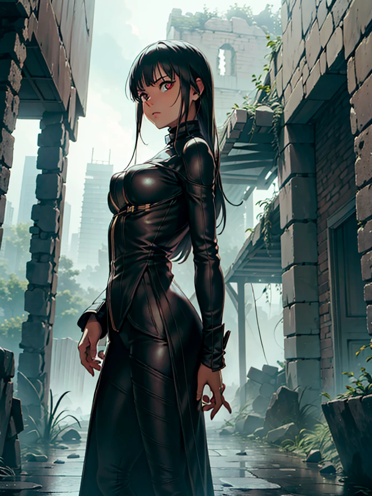 (Masterpiece, Best Picture, High Resolution), In the dim, ancient ruins where I sought shelter from the rain, I unexpectedly encounter a female thief. She stands there, eyes wide open as if she has seen the impossible, her expression a mix of shock and disbelief. Despite her surprise, her hand instinctively moves towards her weapon, ready to react to any sudden movements. The atmosphere is tense, with the sound of rain echoing through the ruins, highlighting the unexpected and startling nature of our encounter. nsfw, (Exposed bandit outfit)
