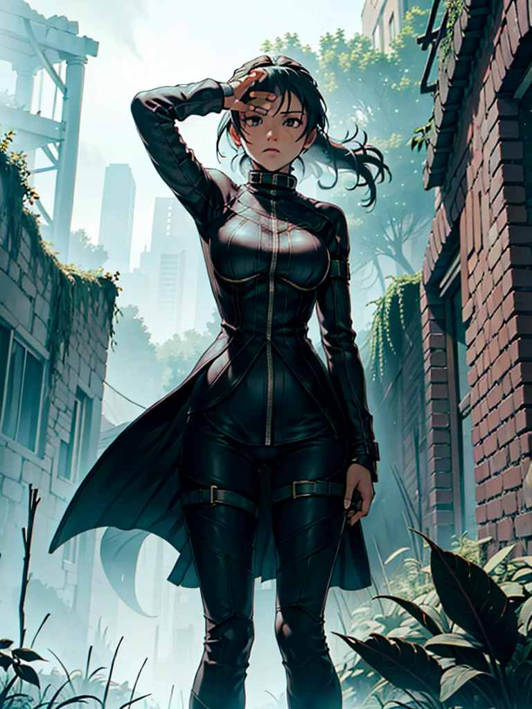 (Masterpiece, Best Picture, High Resolution), In the dim, ancient ruins where I sought shelter from the rain, I unexpectedly encounter a female thief. She stands there, eyes wide open as if she has seen the impossible, her expression a mix of shock and disbelief. Despite her surprise, her hand instinctively moves towards her weapon, ready to react to any sudden movements. The atmosphere is tense, with the sound of rain echoing through the ruins, highlighting the unexpected and startling nature of our encounter. nsfw, (Exposed bandit outfit)