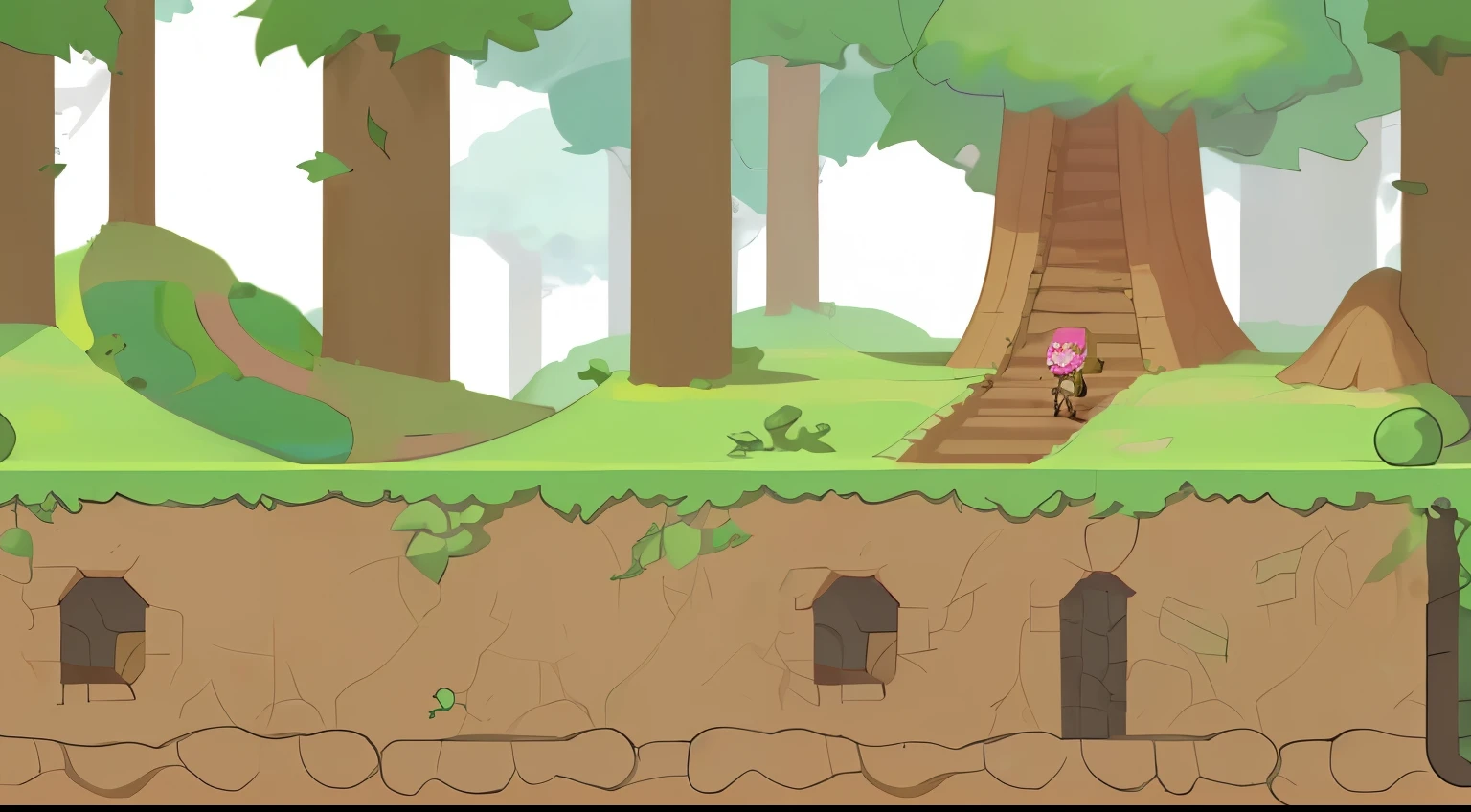 A 2D scrolling platform game，Colorful，Screenshots，Cartoon，Unity rendering，Rich in details，Divided into three platforms，There are trees and vines above.，The middle section is the normal walking section，There are stone obstacles，There are tunnels under the ground，There is furniture in the tunnel