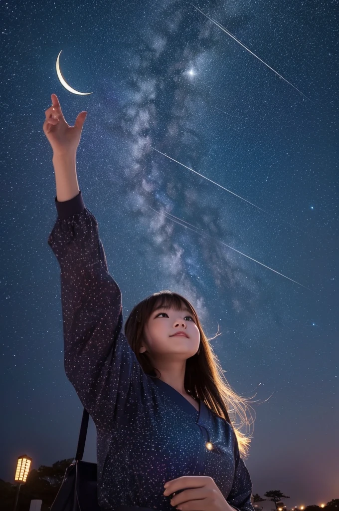 A starry sky,Meteors,8k,Beautiful night sky,Girl looking up at the sky、Super sexy and super cute Japan girl、(((A girl reaching out towards the night sky to grab the moon)))