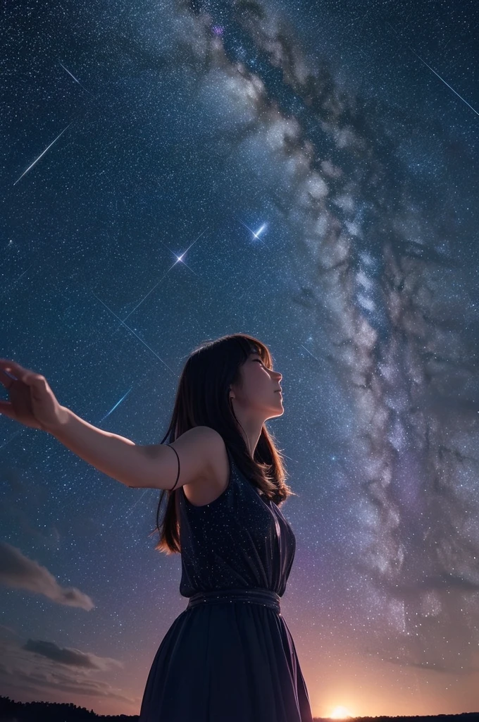 A starry sky,Meteors,8k,Beautiful night sky,Girl looking up at the sky、Super sexy and super cute Japan girl、(((A girl reaching out towards the night sky to grab the moon)))
