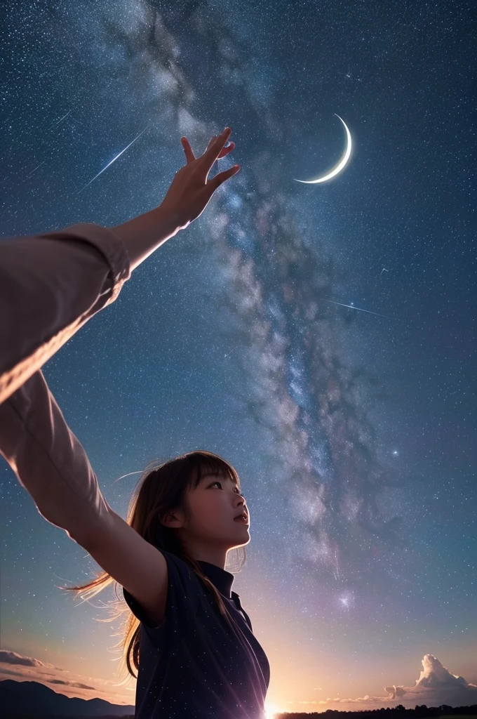 A starry sky,Meteors,8k,Beautiful night sky,Girl looking up at the sky、Super sexy and super cute Japan girl、(((A girl reaching out towards the night sky to grab the moon)))