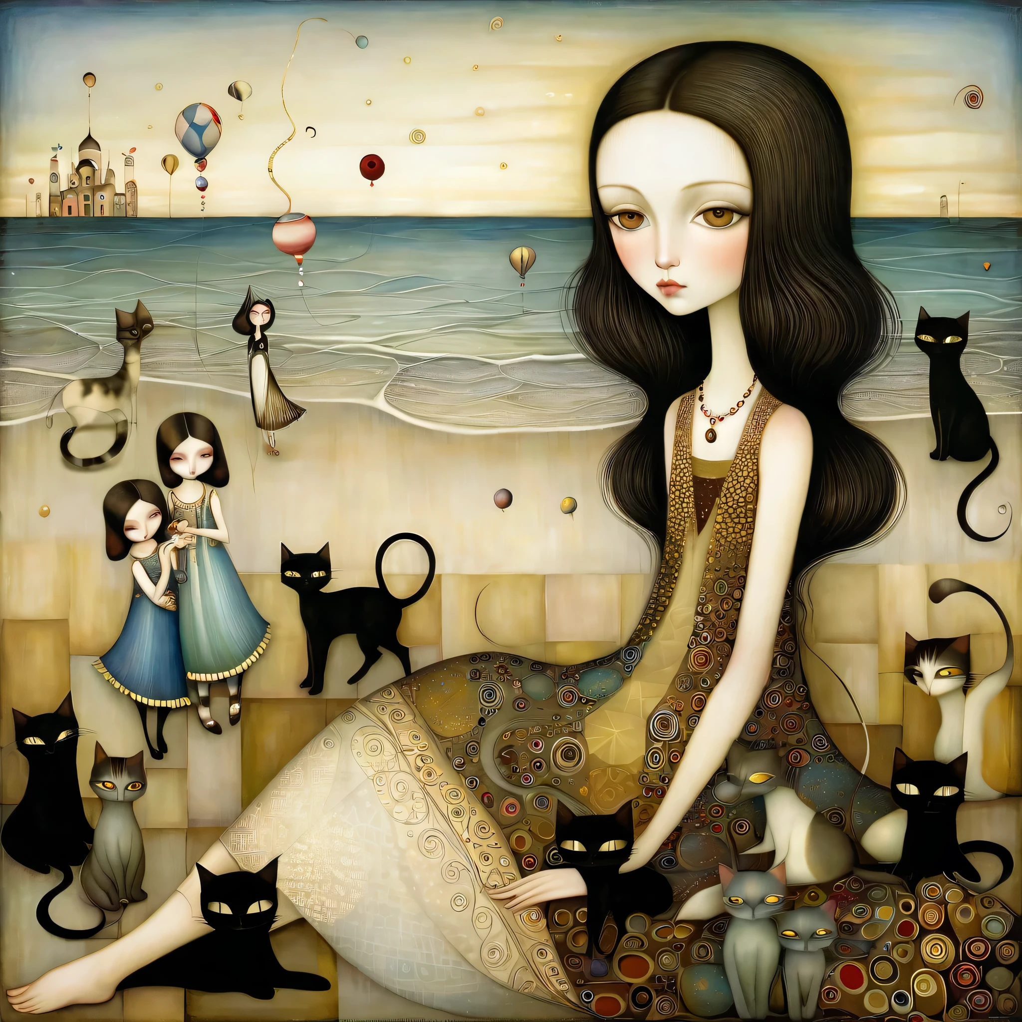 Patchwork by Klimt, Nicoletta Ceccoli, Naoto Hattori, Lawrence Didier, Leonora Carrington, of Young European woman with long black hair, sweet light brown eyes, sitting on the beach with Cats long necks and people dancing in the distance, Art Deco, Wide-Angle, optical illusion