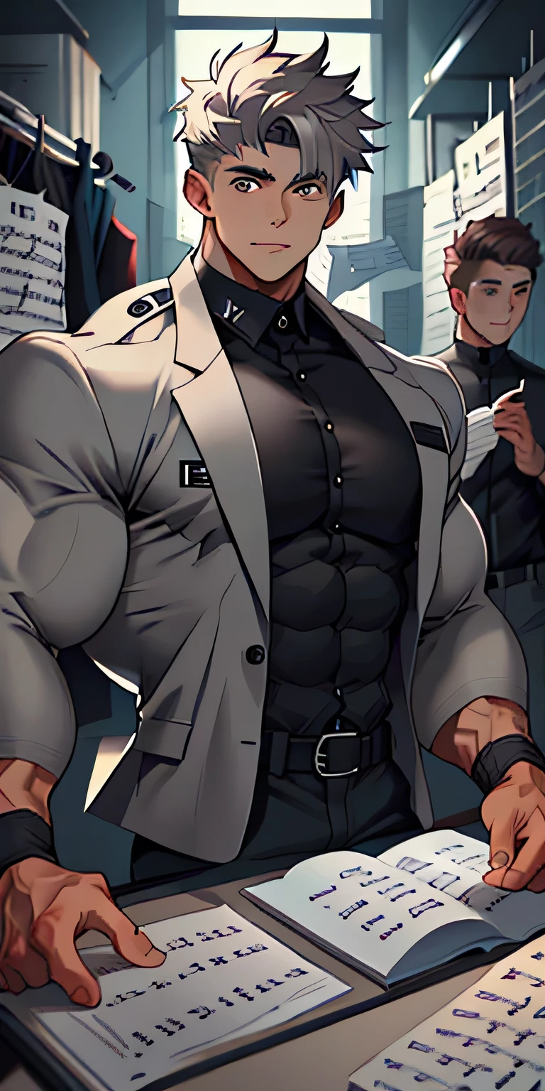 (masterpiece, best quality), 2 boy, young man,musculous, short green/blue/orangehair, Dark gray eyes, complex, (dress room), full bodyesbian, White baseball uniform, Open silver jacket, Pectoralis abdominal muscles,vivd colour,(depth of fields:1.2),(abs),,looking at viewert,A piano