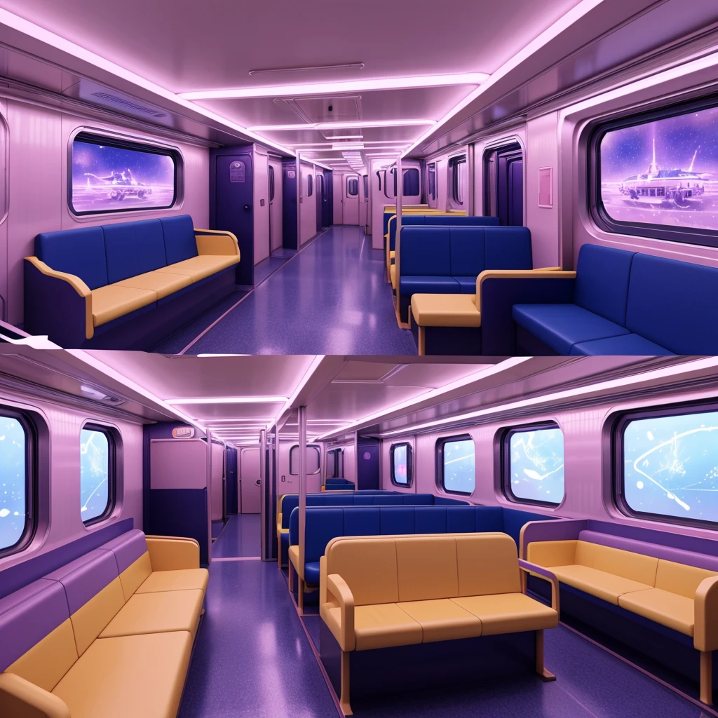 generate a consistent image of a pastel colored inside of a train car with empty seats, camera view at the rear interior of the train, interior background art, highly detailed interior, very detailed backgrounds, detailed backgrounds, inside the train, scenery art detailed, anime art vehicle concept art, high tech pastel goth interior, inside an underground train, detailed and complex environment, detailed lo-fi backgrounds, detailed spaceship interior, space station vore station, anime scenery concept art. neon pastel colored led lights, realistic environment, hyperrealism, HD resolution, Hyper detailed quality