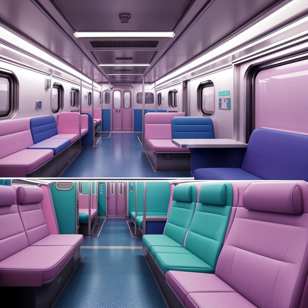 generate a consistent image of a pastel colored inside of a train car with empty seats, camera view at the rear interior of the train, interior background art, highly detailed interior, very detailed backgrounds, detailed backgrounds, inside the train, scenery art detailed, anime art vehicle concept art, high tech pastel goth interior, inside an underground train, detailed and complex environment, detailed lo-fi backgrounds, detailed spaceship interior, space station vore station, anime scenery concept art. neon pastel colored led lights, realistic environment, hyperrealism, HD resolution, Hyper detailed quality