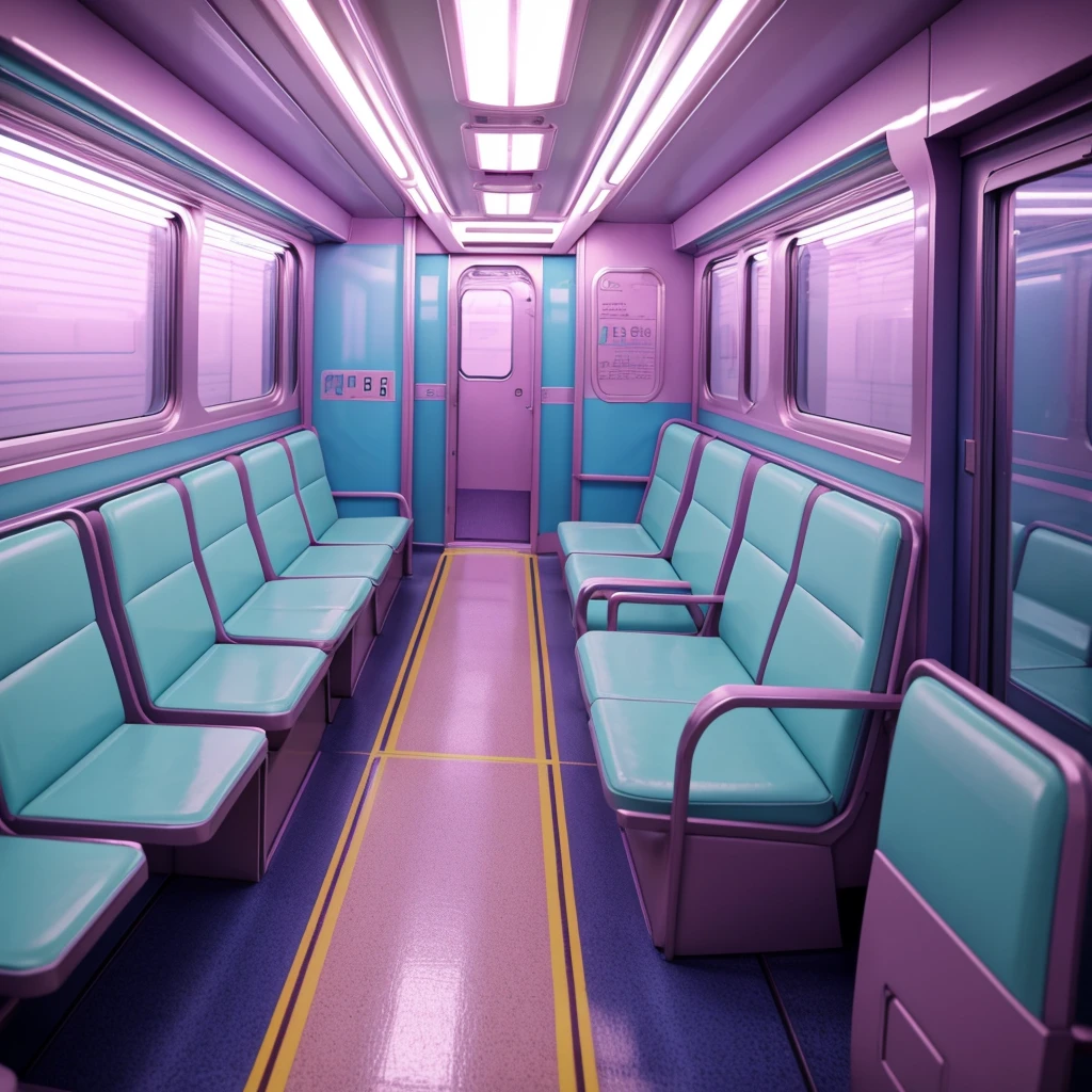 generate a consistent image of a pastel colored inside of a train car with empty seats, camera view at the rear interior of the train, interior background art, highly detailed interior, very detailed backgrounds, detailed backgrounds, inside the train, scenery art detailed, anime art vehicle concept art, high tech pastel goth interior, inside an underground train, detailed and complex environment, detailed lo-fi backgrounds, detailed spaceship interior, space station vore station, anime scenery concept art. neon pastel colored led lights, realistic environment, hyperrealism, HD resolution, Hyper detailed quality