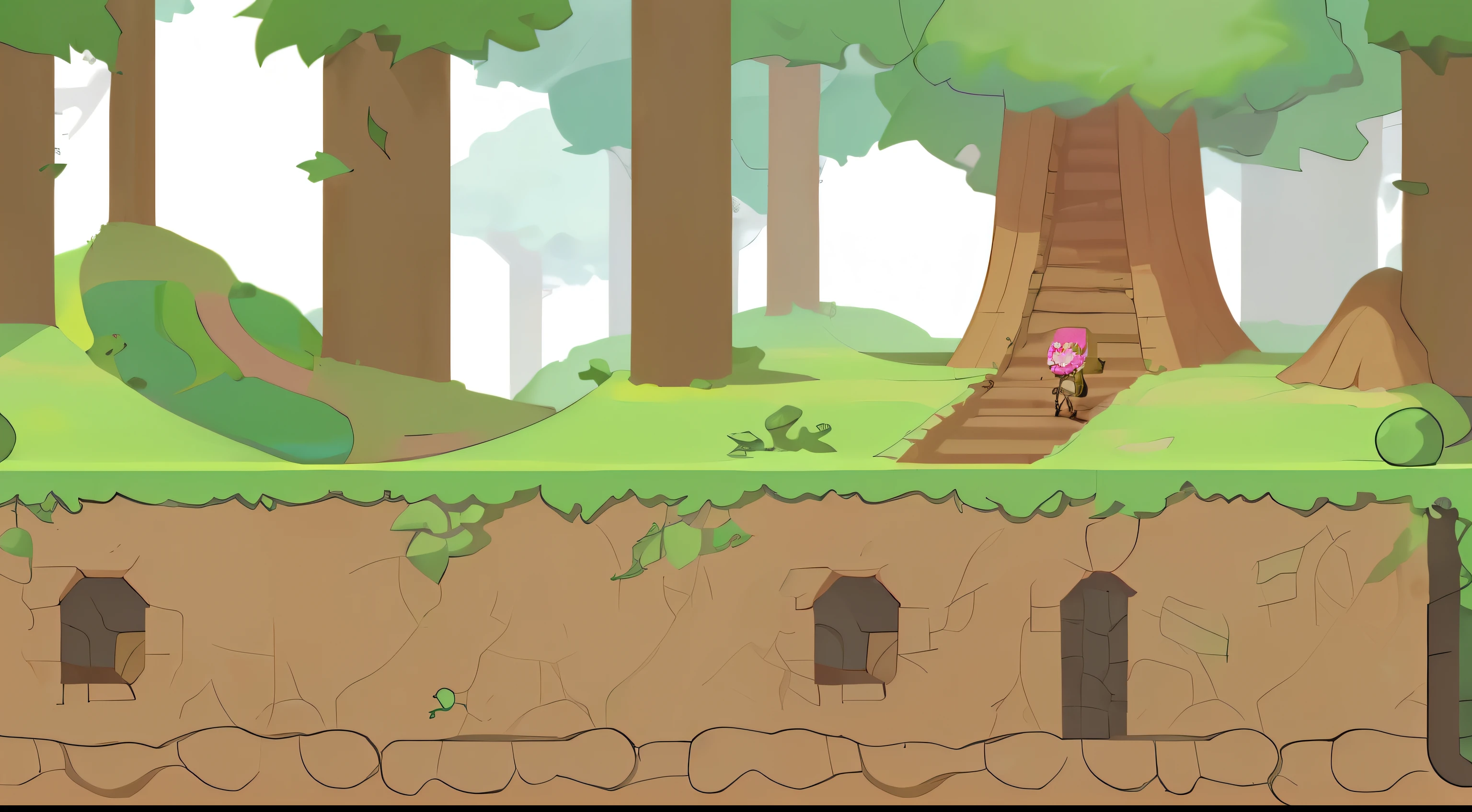 A 2D scrolling platform game，Colorful，Screenshots，Cartoon，Unity rendering，Rich in details，Divided into three platforms，There are trees and vines above.，The middle section is the normal walking section，There are stone obstacles，There are tunnels under the ground，There is furniture in the tunnel
