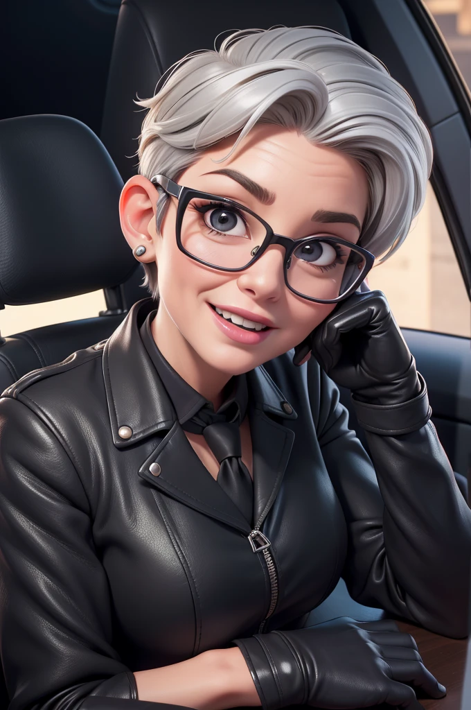 obra prima, melhor qualidade, (lauren boebert 70yo) big side smile, open mouth, licking lips, short grey pixie hair, black plastic glasses, pilot outfit, business blouse, necktie, (shiny butter leather,) studs zippers, shiny leather gloves, body is skinny, laying back in car seat, arched back, arm between legs, overhead camera view, looking down at me, shallow depth of field, highres, HD, 8k, anatomically correct