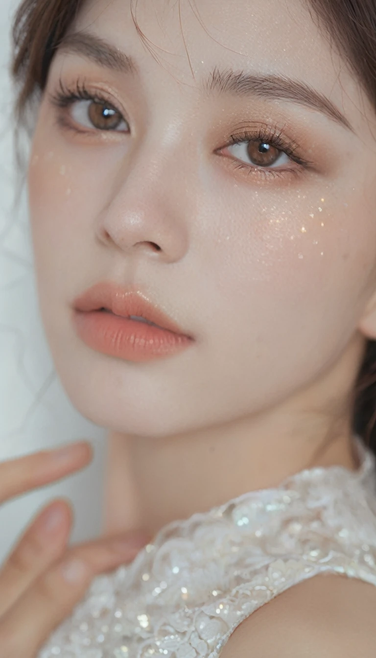 xxmixgirl, analog style, eye focus, highest quality, (highly detailed skin), photo of a exquisitely beautiful pale skin, 21yo, perfect face, alluring eyes, (seductive makeup: 1.3), skin pores, (bokeh:1.5), sharp focus, dappled lighting, (backlighting), film grain, (highly detailed, intricately detailed), 8k, HDR, front view, studio light, Ultra-detailed face, Detailed eyes, (Double eyelid: 1.4), Alice toggle, brown eye, (commercial: 1.6), (seductive makeup), ((white studio background: 2))