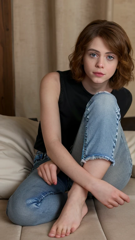 s0ph, solo,a woman , Sophia lillis, (looking at viewer:1.3), medium length wavy red hair, pale skin, skinny, tiny , gordita, sitting in bean bag, ((wearing black jeans)), bare feet, topless, no bra, muslos gorditos,night,bokeh,(extreme dof:1.2),(masterpiece:1.2),volumetric lighting,8k,highly detailed skin,pores,cinematic 