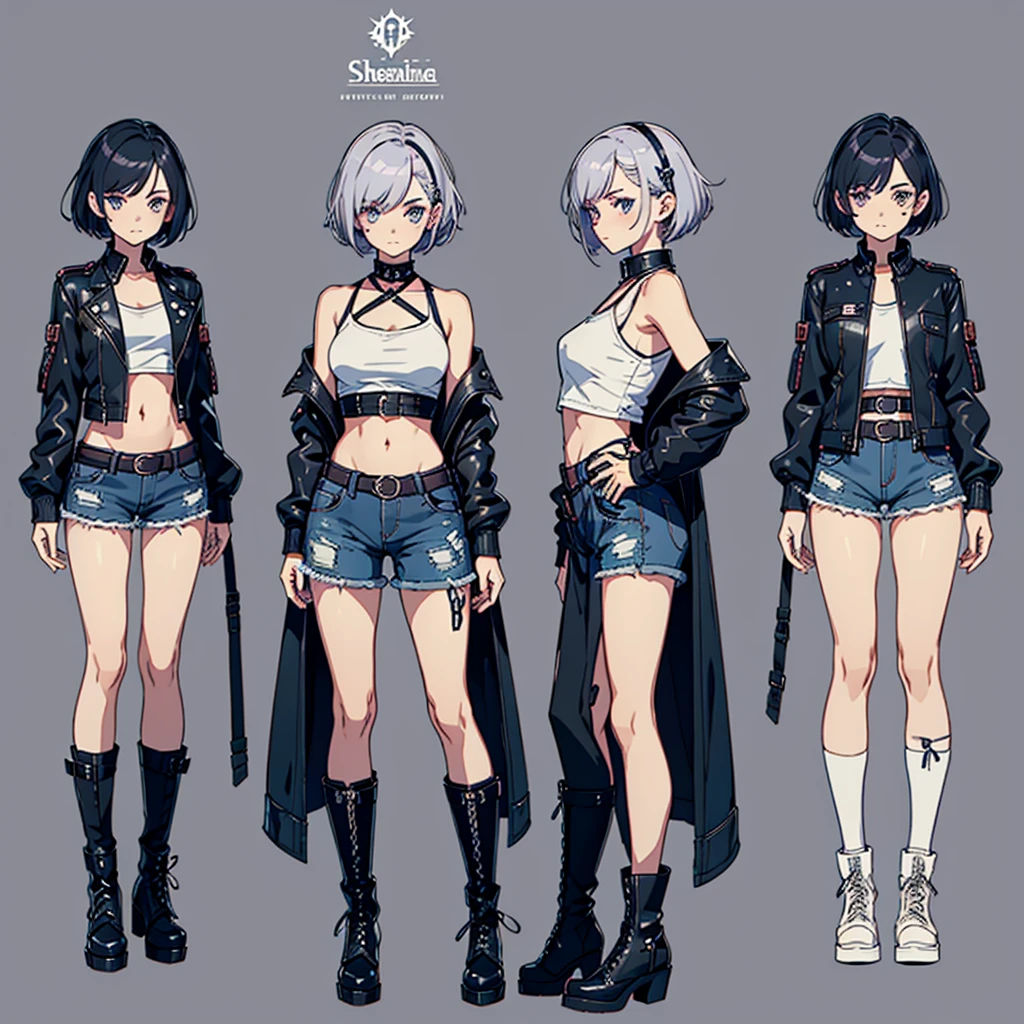 create a character sheet for Eulália Draha, a piscopath with a half-punk, half-cute style, 16 years old, fair skin, short platinum hair and lilac highlights, blue and gray eyes, short-sleeved shirt with the belly showing dark wine, black jacket black leather jacket, teddy bear hair clip, dark denim shorts with a torn teddy bear hanging on the side of the shorts and medium-high boots, (with emphasis on the teddy bear hanging on the shorts' belt)(anime style)(varied positions)(several positions) (full body)(open arms)(body and face side ways)(body and face from the front)(from the head to the boots)character sheet(full body)body and sideways(body and sideways)caracter sheet(full body)(character sheet)(varied positions)(character sheet)varied positions)(character sheet)(full body)character sheet(character sheet) (varied positions)character sheet(varied positions)full body(full body)(body and face sideways)(sideways full body)character sheet(character sheet)(sideways)sideways(character sheet)character sheet(max character sheet)(max body sideways)