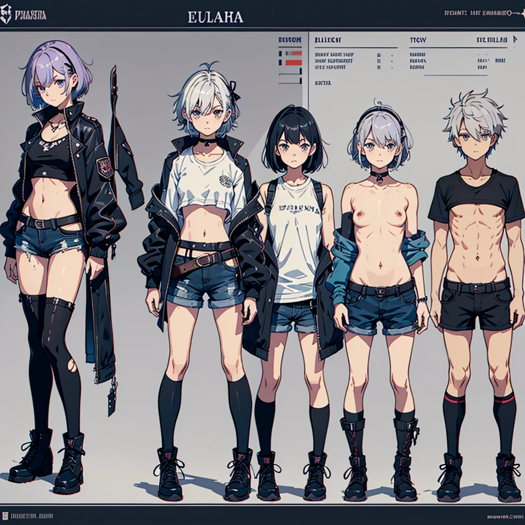 create a character sheet for Eulália Draha, a piscopath with a half-punk, half-cute style, , fair skin, short platinum hair and lilac highlights, blue and gray eyes, short-sleeved shirt with the belly showing dark wine, black jacket black leather jacket, teddy bear hair clip, dark denim shorts with a torn teddy bear hanging on the side of the shorts and medium-high boots, (with emphasis on the teddy bear hanging on the shorts' belt)(anime style)(varied positions)(several positions) (full body)(open arms)(body and face side ways)(body and face from the front)(from the head to the boots)character sheet(full body)body and sideways(body and sideways)caracter sheet(full body)(character sheet)(varied positions)(character sheet)varied positions)(character sheet)(full body)character sheet(character sheet) (varied positions)character sheet(varied positions)full body(full body)(body and face sideways)(sideways full body)character sheet(character sheet)(sideways)sideways(character sheet)character sheet(max character sheet)(max body sideways)