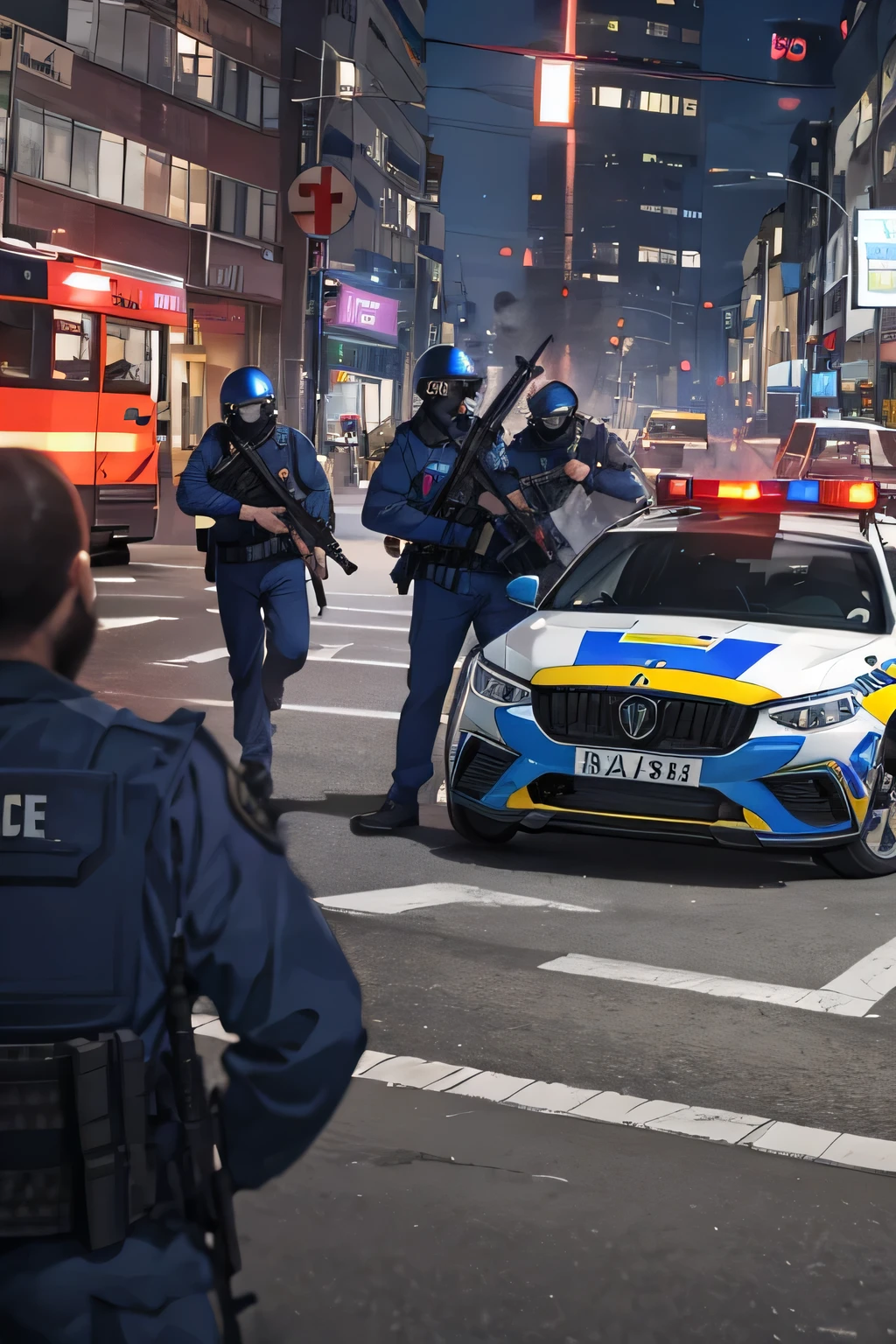 Several armed men hid behind a police car,Angry expression, bullets flying